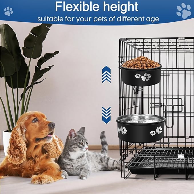 2-in-1 Dog Crate Water Bowl Hanging,2 Pack Stainless Steel Water Food Bowl No Spill for Crate Cage,Kennel Bowls Mountable Dog Dish Feeder Coop Cup with Non-Slip Base for Dogs Cats Bunny Ferret Bird