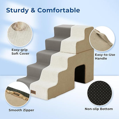 Dog Steps for High Beds - 6 Step 29" H Pet Stairs with Tunnel 2 in 1 with Zippers Suitable for Small Dogs and Cats, Indoor Cat Ladders with Non-Slip Bottom, Beige