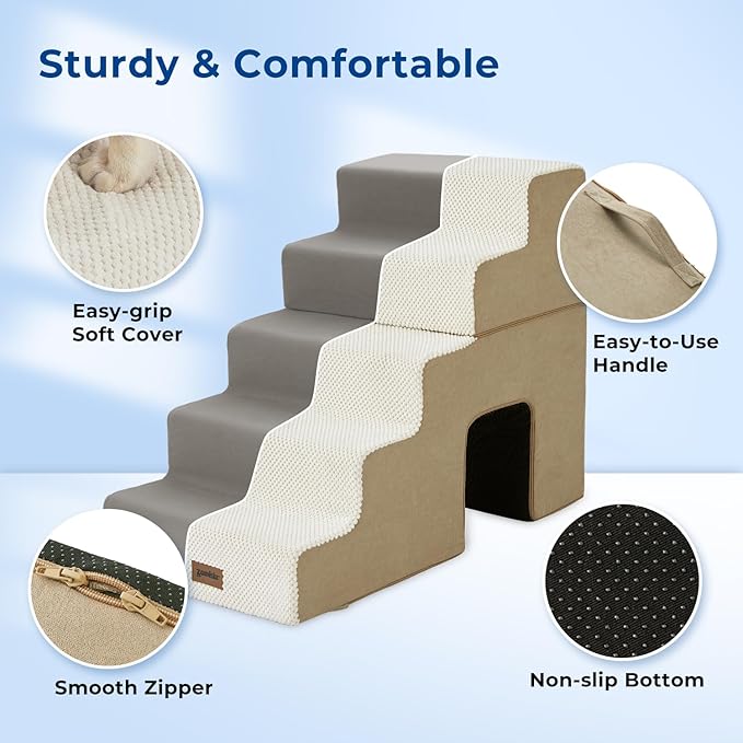 Dog Steps for High Beds - 5 Step 24" H Pet Stairs with Tunnel 2 in 1 with Zippers Suitable for Small Dogs and Cats, Indoor Cat Ladders with Non-Slip Bottom, Beige