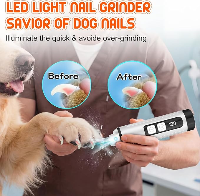 Dog Nail Grinder Electric Powerful 3 Speeds Dog Nail Clippers with Lights Quiet Cat Nail Clipper Painless Care Trimmers Tools for Small Medium Large Dogs and Cats (Black)