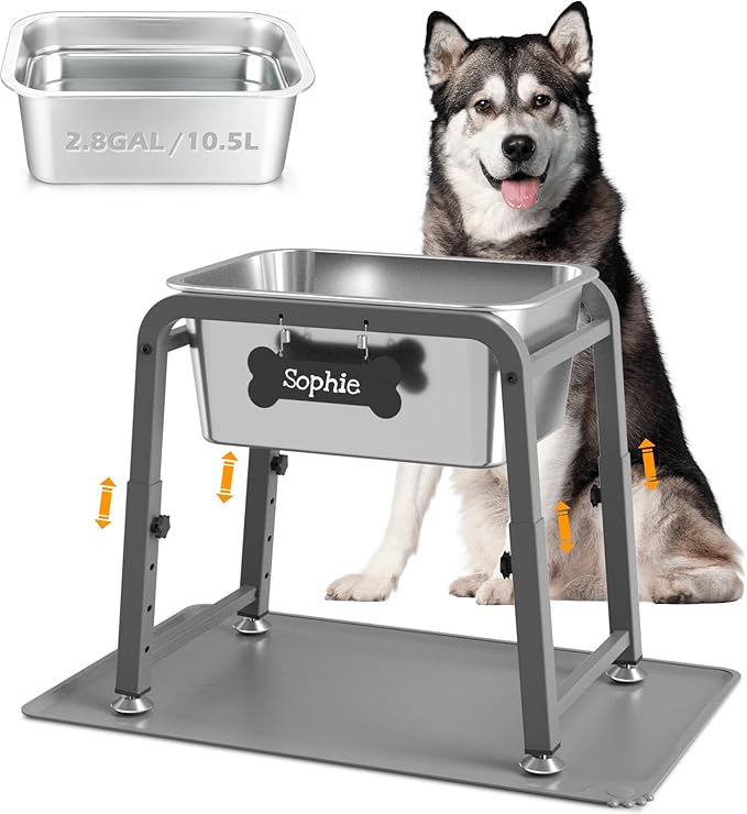 2.8 Gallon Elevated Large Dog Water Bowl with Mat, 4 Height Adjustable 10.4-15.2", Raised Dog Water Bowl Stand for Large Breed