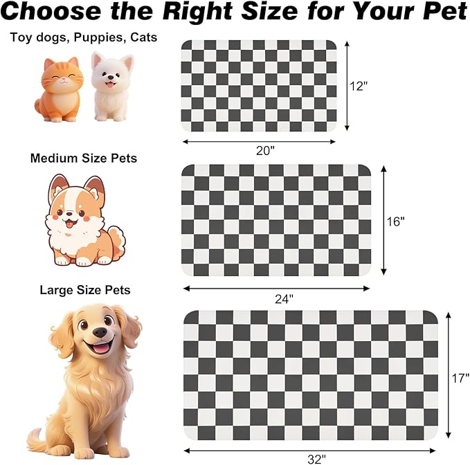 Checkered Dog Food Mat, Absorbent Leak-Proof Pet Feeding Mat, Quick Dry Cat Food Mat for Messy Drinkers 16" x 24" Black