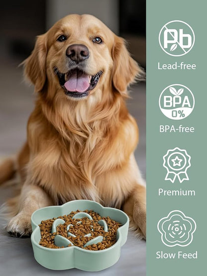 Ceramic Slow Feeder Dog/Cat Bowl, Anti-Choking Food Bowl, 8" 11.3oz for Medium, Large Breeds, Plum Puzzle Design, Non-Slip Silicone, Dishwasher and Microwave Safe, Green