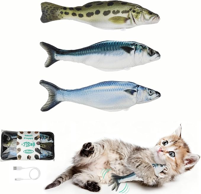 Realistic Floppy Fish Cat Toys, 3 Pack Mini-Sized, Moving Cat Toy Flopping Fish for Indoor Kitten, Sardine/Saury/Bass Interactive Cat Toys, Touch Activated, Rechargeable.