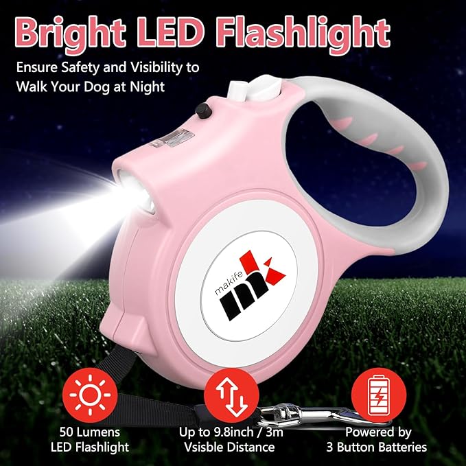 Retractable Dog Leash with LED Light Makife 5m Extendable Dog Lead for Small Medium Puppis up to 25kgs, One-Hand Brake & Lock System, Ergonomic Handle - Light Pink