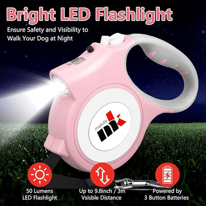 Retractable Dog Leash with LED Light Makife 5m Extendable Dog Lead for Small Medium Puppis up to 25kgs, One-Hand Brake & Lock System, Ergonomic Handle - Light Pink