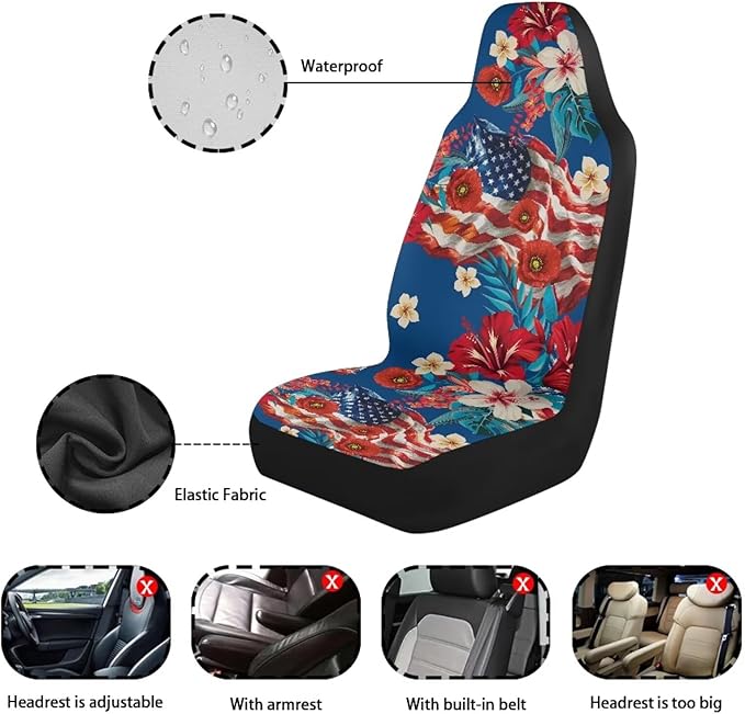 250th Anniversary Waterproof Car Seat Cover Front Seats Only Anti-Slip Back Fabric Automobile Front Seat Covers American Flag Flower Car Accessory Universal Fit for Truck SUV Van Sedan