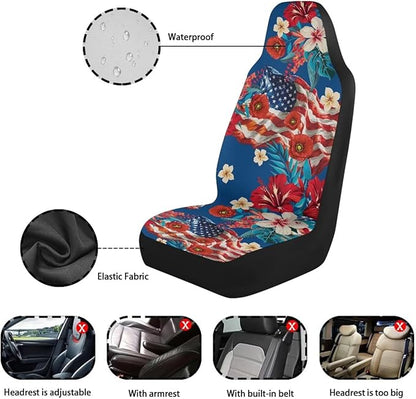 250th Anniversary Waterproof Car Seat Cover Front Seats Only Anti-Slip Back Fabric Automobile Front Seat Covers American Flag Flower Car Accessory Universal Fit for Truck SUV Van Sedan