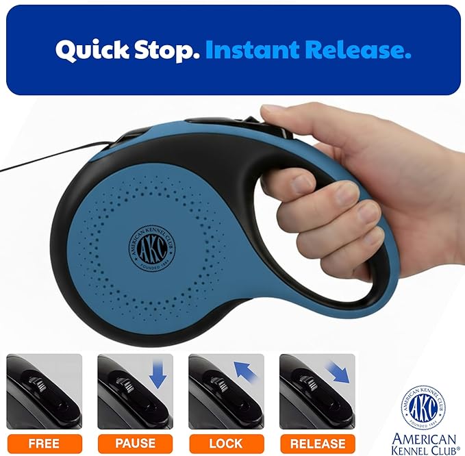 American Kennel Club Heavy Duty Retractable Dog Leash, 16.4ft, Tangle-Free, Ergonomic Grip, One-Hand Brake, for Medium & Large Dogs up to 110 lbs Blue