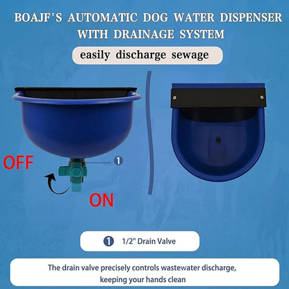 Automatic Dog Water Dispenser with Drain Valve, 1 Gallon Outdoor Auto Water Dog Bowl with Float Valve, Automatic Chicken Waterer with Hose Quick Connector, for Horse, Poultry (Blue)