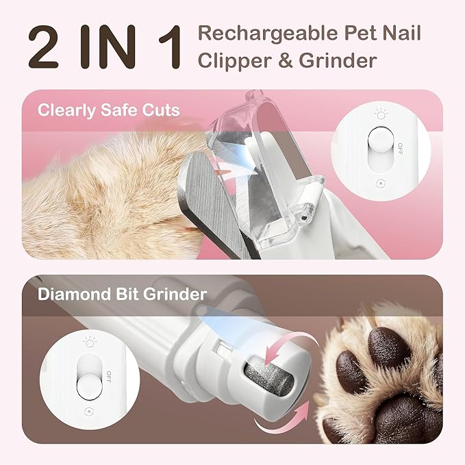 Safe 2-in-1 Dog & Cat Nail Clipper and Grinder LED Safety Light Illuminates the Quick to Prevent Over-Cutting or Bleeding, USB Rechargeable, Low Noise Motor Keeps Pets Calm Grooming for All Pet Sizes