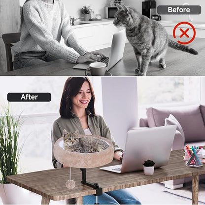 Cat Desk Bed - 360° Rotating & Adjustable, Supports 50 lbs, Soft Faux Fur with Dual-Sided Reversible Mat, Modern Indoor Cat Nest Furniture for Office Desks and Game Tables, Island Table