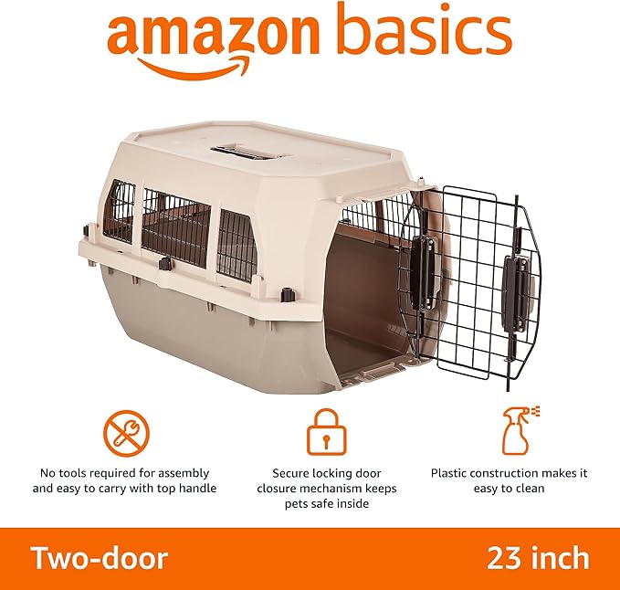 Amazon Basics Hard-Sided Dog and Cat Kennel, Single-Door Travel Pet Carrier with Metal Wire Ventilation, 23.6"L x 15.7"W x 13"H, Beige