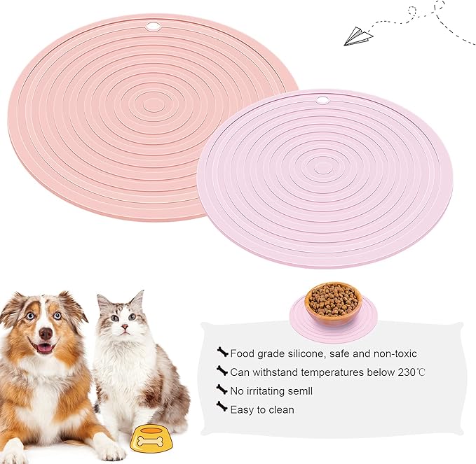 2 Pieces Silicone Pet Food Mat Pet Feeding Mat for Dog and Cat Food Bowl Placemat Preventing Food and Water Overflow Suitable for Medium and Small Pet, 9.5 x 9.5 Inch and 7.1 x 7.1 Inch (Pink)
