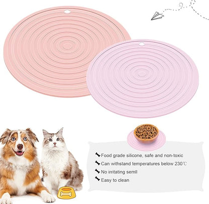 2 Pieces Silicone Pet Food Mat Pet Feeding Mat for Dog and Cat Food Bowl Placemat Preventing Food and Water Overflow Suitable for Medium and Small Pet, 9.5 x 9.5 Inch and 7.1 x 7.1 Inch (Pink)