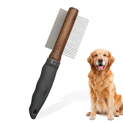 2-in-1 Dog Dematting&Deshedding Comb with Wooden Handle Double-Sided Fine&Wide Teeth Dematting Comb Pet Flea Comb for Dogs and Cats Remove Loose Hair Tangles Dirt Fleas
