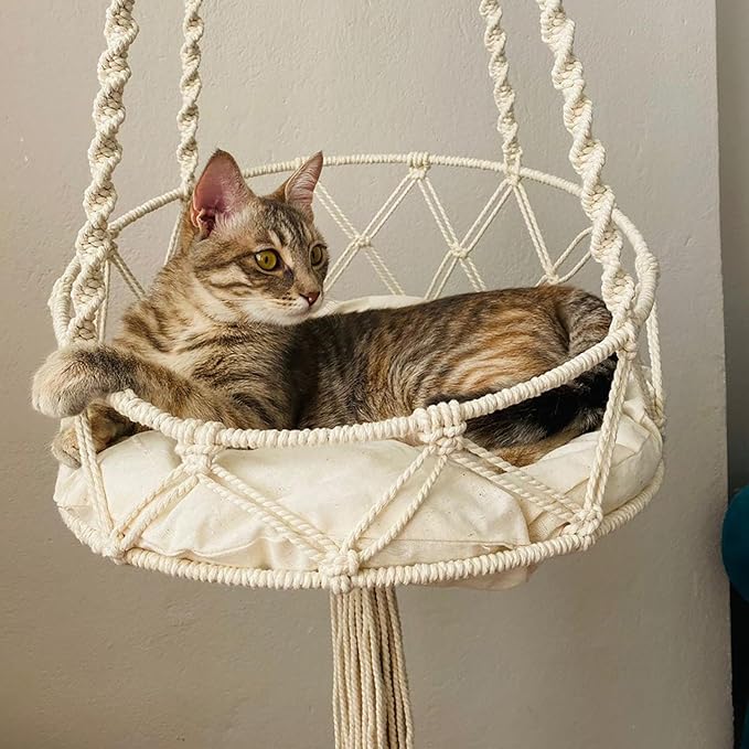 Macrame Cat Hammock with Cushion Handwoven Boho Hanging Cat Bed Pet Kitten Swing Bed for Playing Sleeping Climbing and Lounging (130 cm)