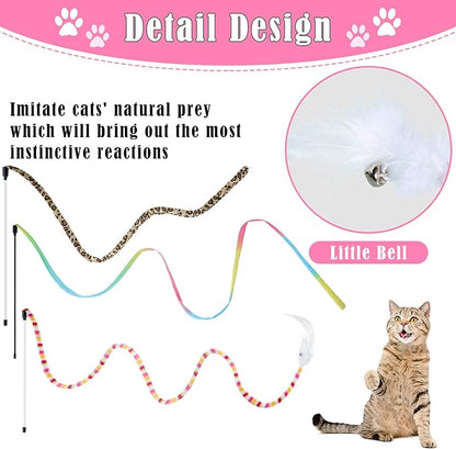 Sumind 6 Pieces Cat Toys Interactive Cat Wand Toys with Feather and Bell Safe Teaser Catcher Stick Toy Colorful and Sounding Christmas Wand for Cats Kittens Training Pets Exerciser