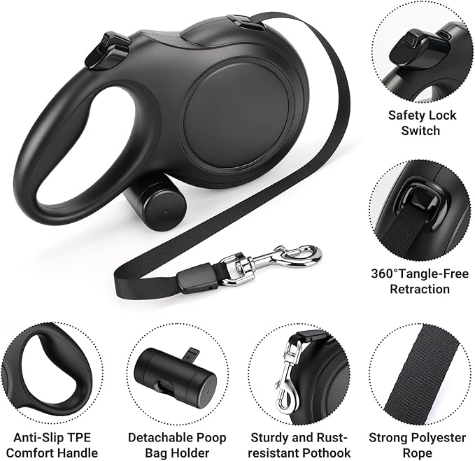 Segarty 26 Ft Walking Lead with Poop Bag Holder for Dogs 66 lbs - 110 lbs, 360°Tangle-Free Leash with Anti-Slip Handle & One-Handed Brake Pause Lock, 8m Retractable Leash for Dog Pets Outside Activity