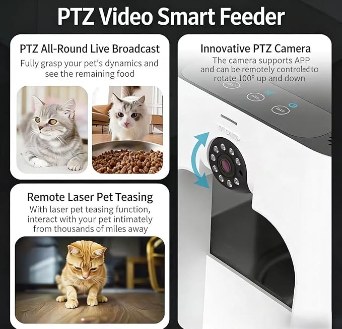 Automatic Smart Feeder with Laser Toy & Pet Camera - WiFi Cat Feeder & Dog Feeder with 2-Way Audio, Night Vision, App Control, Voice Recording, Portion Control, Easy Clean - for Cats & Dogs