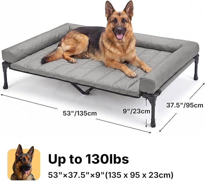 Veehoo Cooling Elevated Dog Bed Add Removable Waterproof Bolster Cushion Mat, Raised Pet Cot with Breathable Teslin Mesh, No-Slip Feet, Dog Couch Bed for Indoor Outdoor, 53 inches, Grey