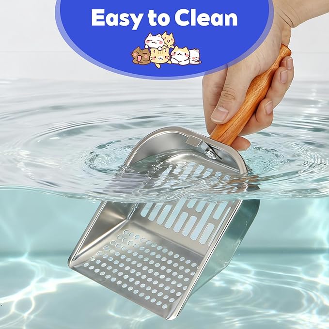 Litter Scooper, Metal Litter Scoop, Pooper Scooper with Wooden Handle, Cat Litter Scoop, Metal Scooper & Speed Sifter Deep Shovel Scoop Filter for Litter Box (Easy Assembly)
