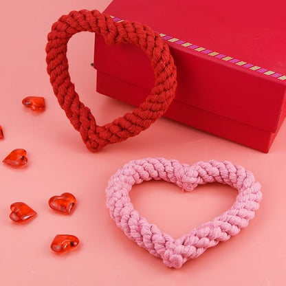 2 PCS Dog Chew Toys Heart Shaped Rope for Valentine's Day Pets Cotton Chewing Supplies Pink & Red 5.5Inch