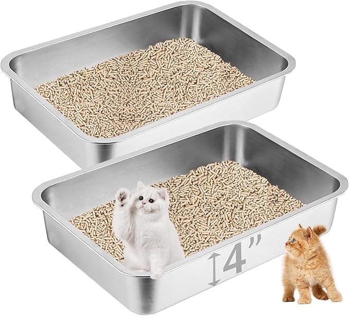 2 Pack Stainless Steel Cat Litter Box, 17.7"×13.8"×4" Metal Litter Pan, Small Litter Box for Little Cats Kittens, Easy Cleaning