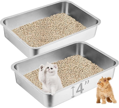 2 Pack Stainless Steel Cat Litter Box, 17.7"×13.8"×4" Metal Litter Pan, Small Litter Box for Little Cats Kittens, Easy Cleaning