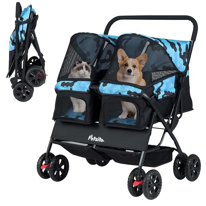 PETSITE Double Pet Stroller, Foldable Double Dog Stroller with 2-Seater Carrier, Adjustable Sunshade, Removable Pad, Safety Belt, Storage Basket, 4-Wheel Pet Travel Cart for 2 Puppies & Cats (Navy)