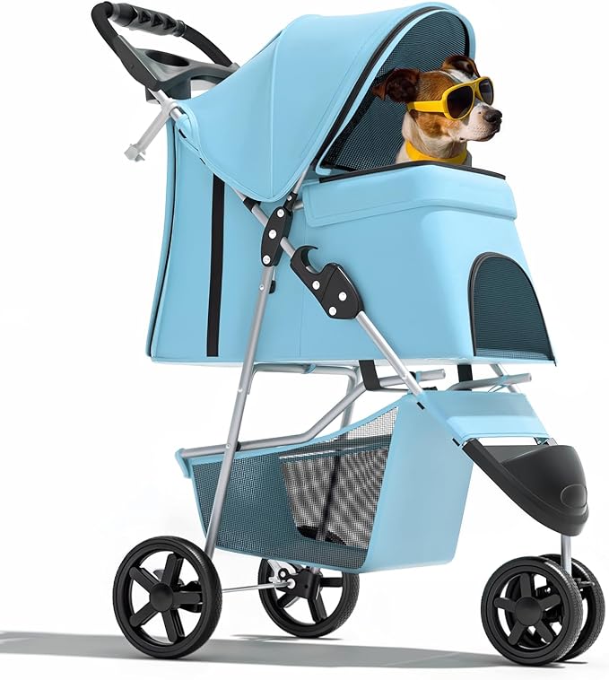 Magshion 3-Wheel Pet Stroller, Foldable Travel Jogger for Small & Medium Dogs & Cats (Up to 33lbs), Lightweight Carrier with Breathable Mesh Cover, Cup Holder & Storage Basket, Mint Green