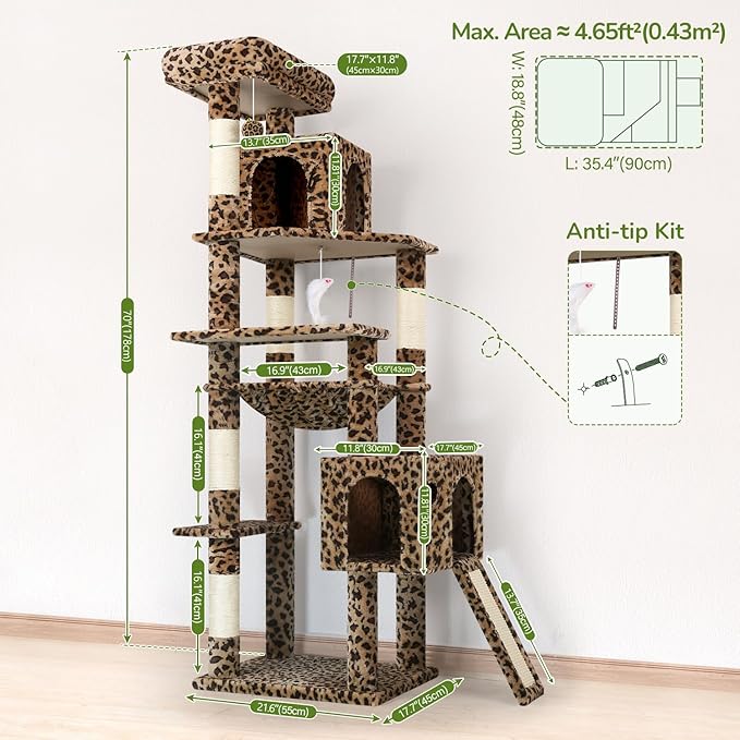 Globlazer Heavy Duty Cat Tree Tower, 70inch Sturdy Cat Tree for Indoor Cats Sturdy Large Cat Tower with Scratching Post and Board, Hammock, 2 Cat Condo for Adult Cats Kittens, F70 Pro, Leopard Print