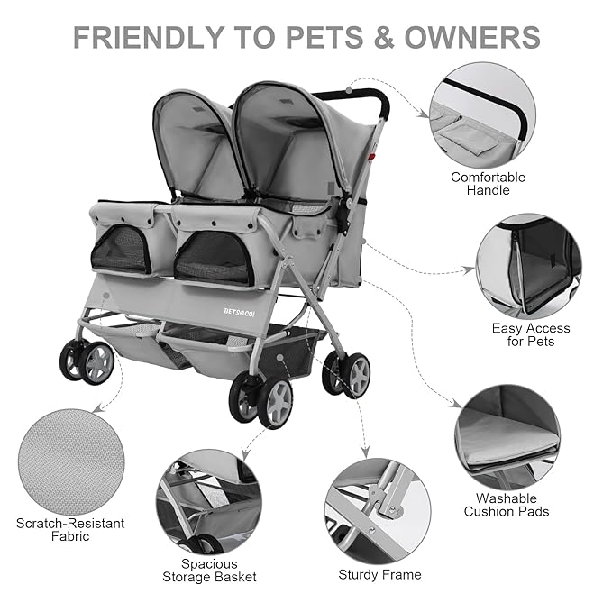 Double Pet Stroller for 2 Small Dogs & Cats, Side-by-Side Twin Travel Carriage with Safety Leashes, Mesh Windows & Double Storage Baskets, Lightweight & Foldable, 44lbs Capacity, Gray