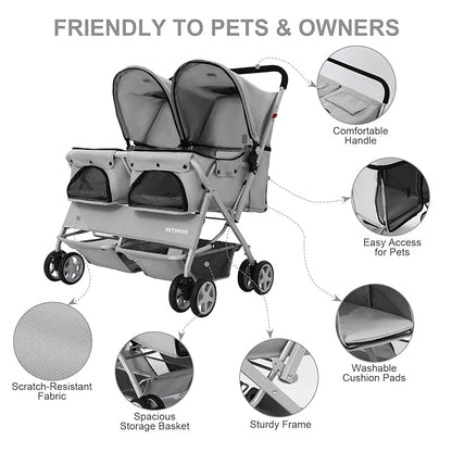 Double Pet Stroller for 2 Small Dogs & Cats, Side-by-Side Twin Travel Carriage with Safety Leashes, Mesh Windows & Double Storage Baskets, Lightweight & Foldable, 44lbs Capacity, Gray