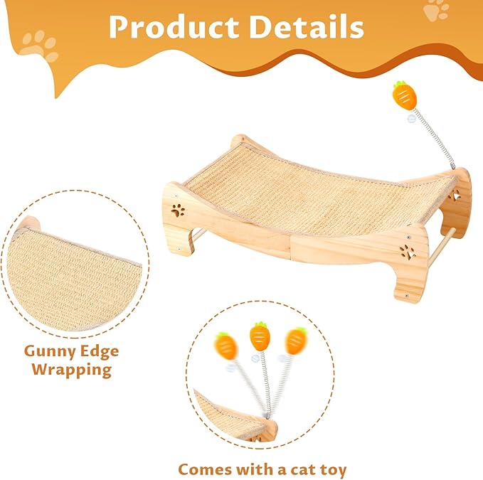 Cat Scratcher Bed with Interactive Carrot Toy - 3-in-1 Wooden Sisal Scratching Pad, Hammock Lounge & Play Center for Indoor Cats - Furniture Protector, Solid Wood Frame (Extra Large)