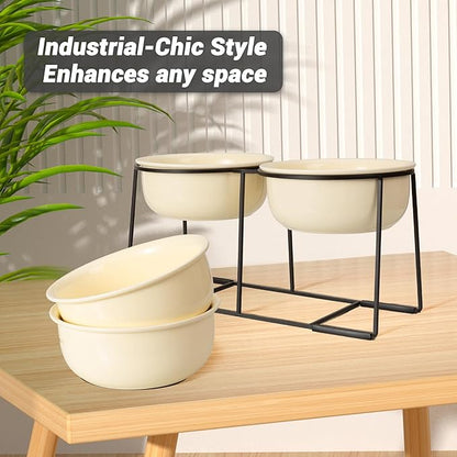 Ceramic Elevated Dog Bowl Set - Raised Double Feeding Bowls with Metal Stand - Pet Dishes for Medium and Large Dogs - 3.5 Cups - 54 fl oz - Beige