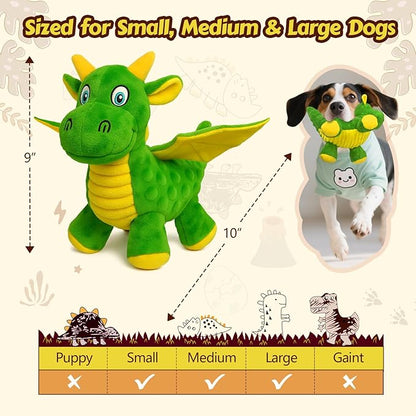Squeaky Dog Toys - 2 Pack Soft Plush Dragon Dog Toy with 5 Squeakers & Crinkle Paper, Dog Toys for Small, Medium and Large Dogs (Green & Blue,10")