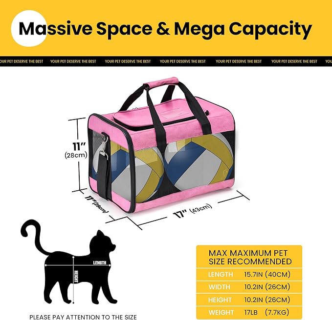 Cat Carrier Airline Approved, Soft-Sided Dog Carrier with Inner Safety Leash, Pet Transport Carrier for Small-Medium Cats Puppies up to 15 Lbs, Collapsible Travel Kitten Carrier Bag -Pink M