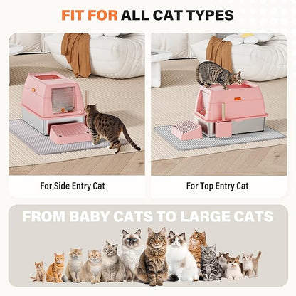 Removable Stainless Steel Cat Litter Box with lid, Front & Top Entry Kitty LitterBox，Cat Litter Box Enclosure, XL Extra Large High-Sided Metal Cat Box with Scoop, Mat, Footboard (Pink)