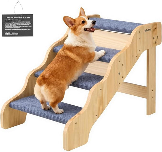 VEVOR Wood Pet Stairs, 4-Step Dog Stairs for High Beds, Sofa & Cars, 150lbs Load Capacity, Non-Slip Surface, Stable Cat & Dog Step Ladder for Small Medium Large Older Pet Puppy Essentials