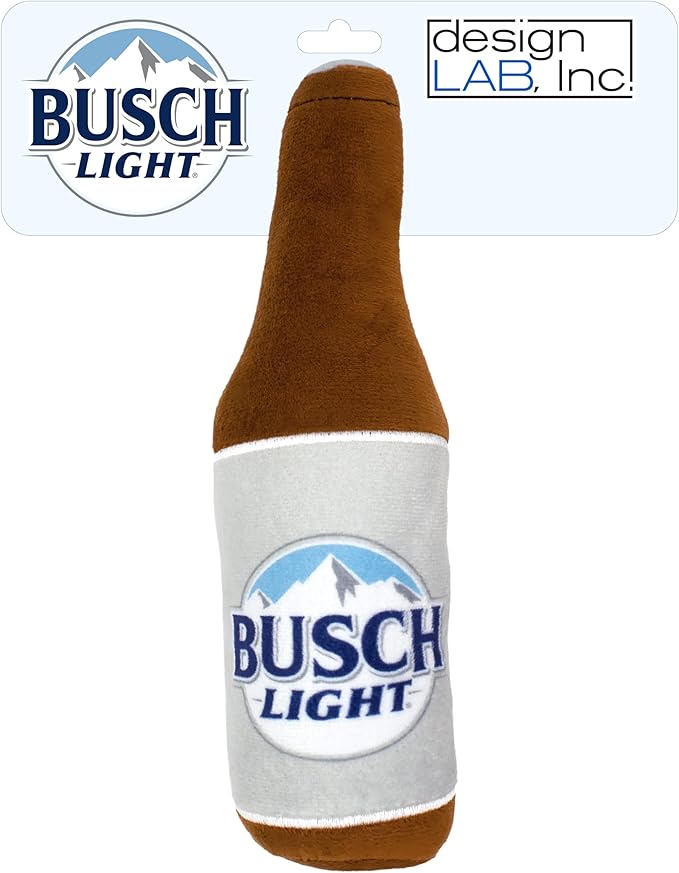 design LAB, Inc. Busch Light Beer Dog Toy | Official Merchandise Beer Bottle Squeaky Plush Toy for Dogs | 10 inch Small Novelty Dog Toys for Fun and Fetch