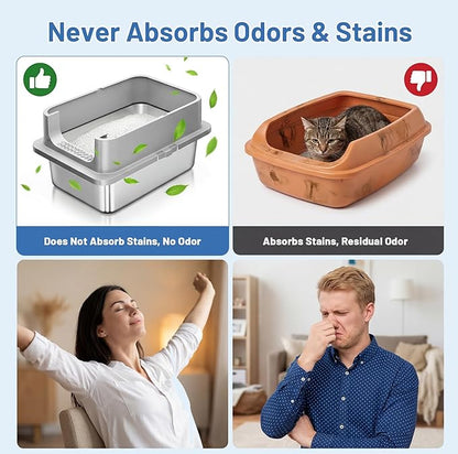 2 Pack XL Stainless Steel Cat Litter Box with Lid and High Sides, 24" L x 16" W x 12" H Extra Large Metal Cat Litter Boxes for Big Cats, Leak-Proof, Non-Stick, Odor-Resistant, Includes Scoop