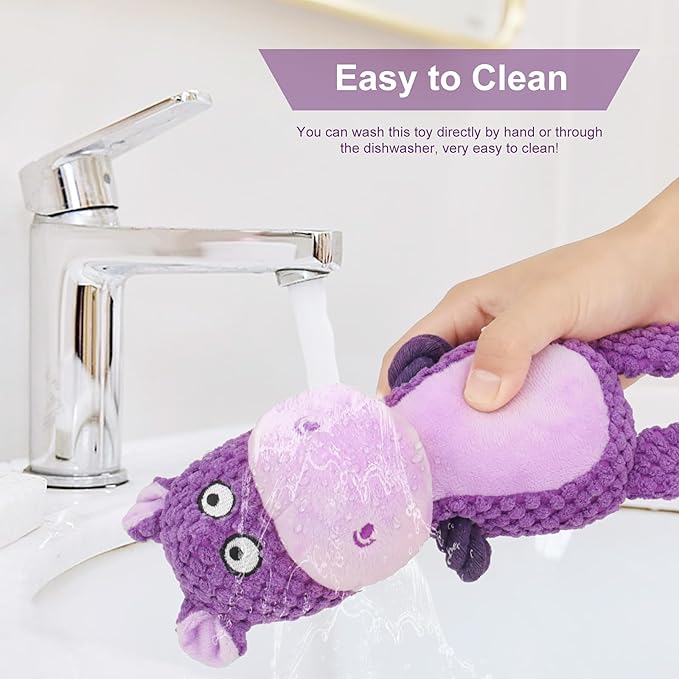 Dog Toys, Dog Squeaker Toys with Crinkle Paper, Stuffed Animal Dog Plush Chewing Toy, Cotton Rope Interactive Toys for Puppy, Small, Middle Dogs (Purple Hippo)