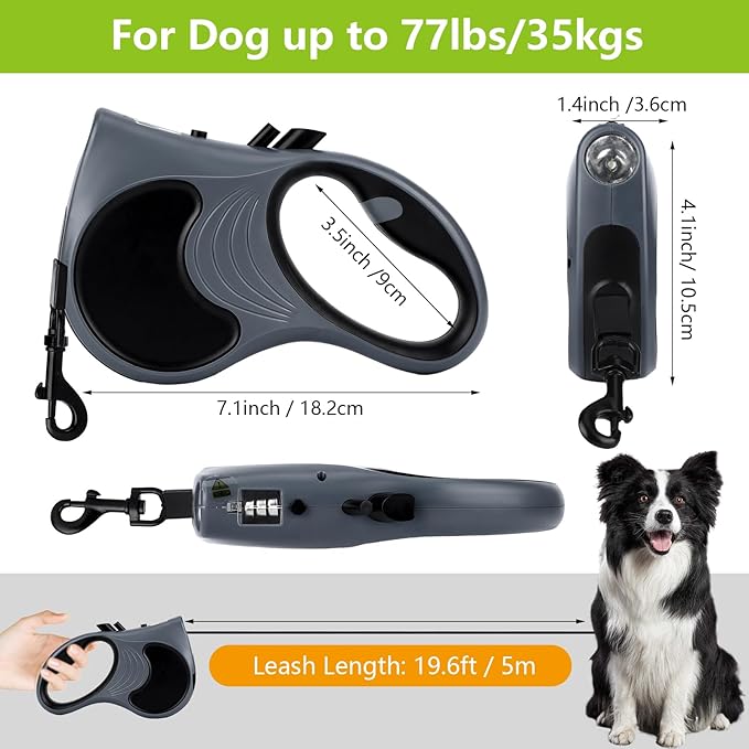 Retractable Dog Leash with Flashlight, 16ft Dog Walking Leash for Dogs up to 77lbs, 360° Tangle-Free Nylonup Leash, Anti-Slip Handle - Grey