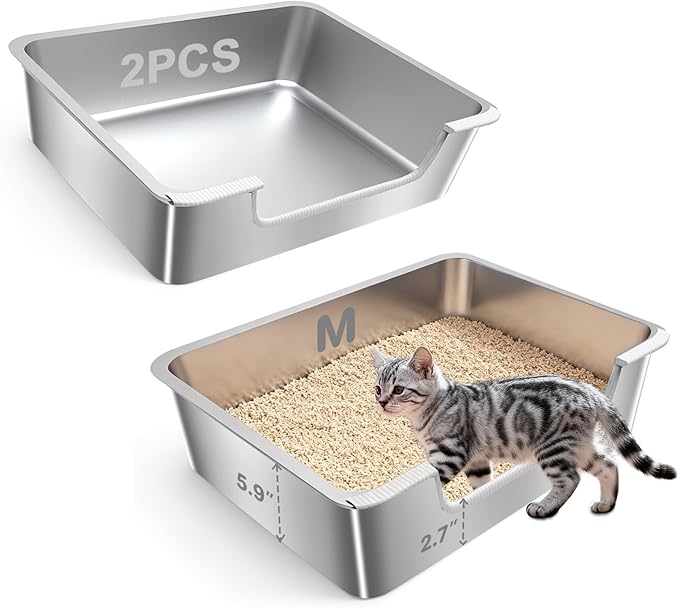 2-Pack Low Entry Litter Box for Senior Kittens Disabled Cats - Stainless Steel High Sided Enclosed Easy Step in Entry - Large Metal Kitty Litter Box Easy to Clean (17.7"x13.8"x5.9")