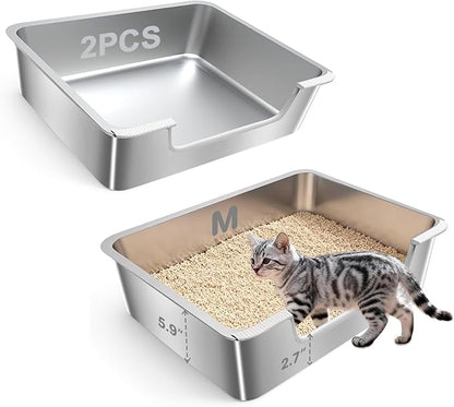 2-Pack Low Entry Litter Box for Senior Kittens Disabled Cats - Stainless Steel High Sided Enclosed Easy Step in Entry - Large Metal Kitty Litter Box Easy to Clean (17.7"x13.8"x5.9")