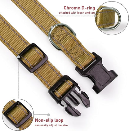 Reflective Dog Collar with Buckle Adjustable Safety Nylon Collars for Small Medium Large Dogs, Brown XL