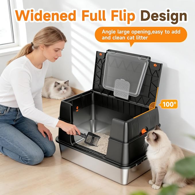 Stainless Steel Litter Box with Lid, Side Entry Extra Large High Sided Enclosure Litter Box, Removable Upper Cover Leak-Proof Odorless Non-Stick Easy Clean Metal Pan with Scoop & Mat