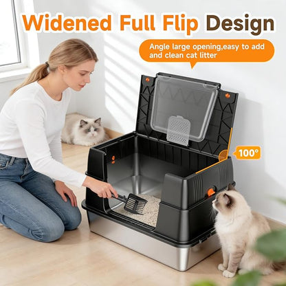 Stainless Steel Litter Box with Lid, Side Entry Extra Large High Sided Enclosure Litter Box, Removable Upper Cover Leak-Proof Odorless Non-Stick Easy Clean Metal Pan with Scoop & Mat