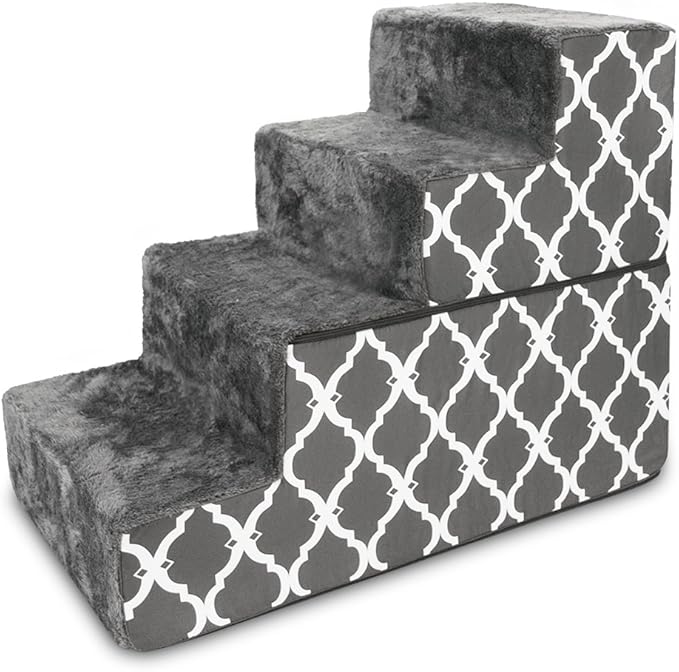 Best Pet Supplies Foldable Foam Pet Steps for Small Dogs and Cats, Portable Ramp Stairs for Couch, Sofa, and High Bed Climbing, Non-Slip Balanced Step Support, Paw Safe - Gray Lattice, 4-Step (H: 22")